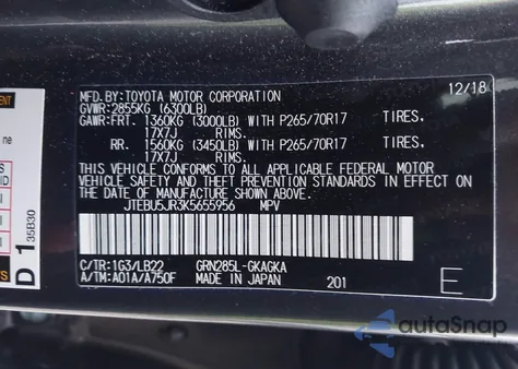 2019 Toyota 4Runner Sr5 Premium из США, поврежденный, VIN JTEBU5JR3K5655956